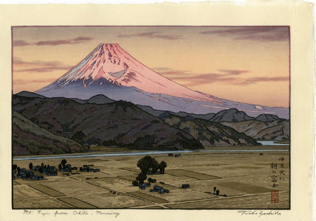 Toshi Yoshida: Fuji from Ohito 1962 Woodblock: Japanese Woodblock Print, 1962, this later embossed signature edition published by the Yoshida Studio SIZE IN INCHES: oban, 13.75 x 9.75 inches TOSHI YOSHIDA was a Japanese printmaker and painter. He