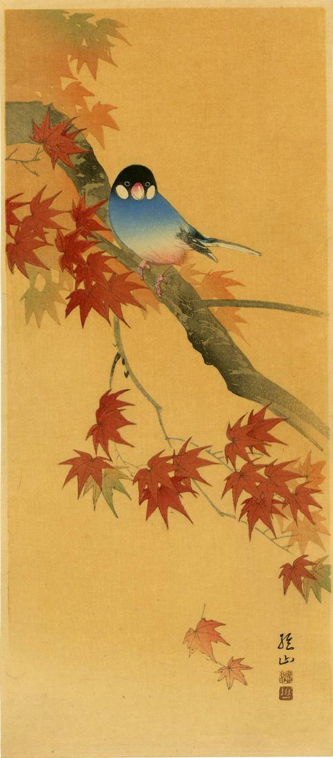 Sozan Ito: Java Sparrow on a Maple 1925 Woodblock: Japanese Woodblock print, c.1925, published by Shozaburo Watanabe SIZE IN INCHES: 6.7 x 15 inches PROVENANCE: from the estate of Robert O. Muller ITO SOZAN designed prints known for the Tokyo publishe