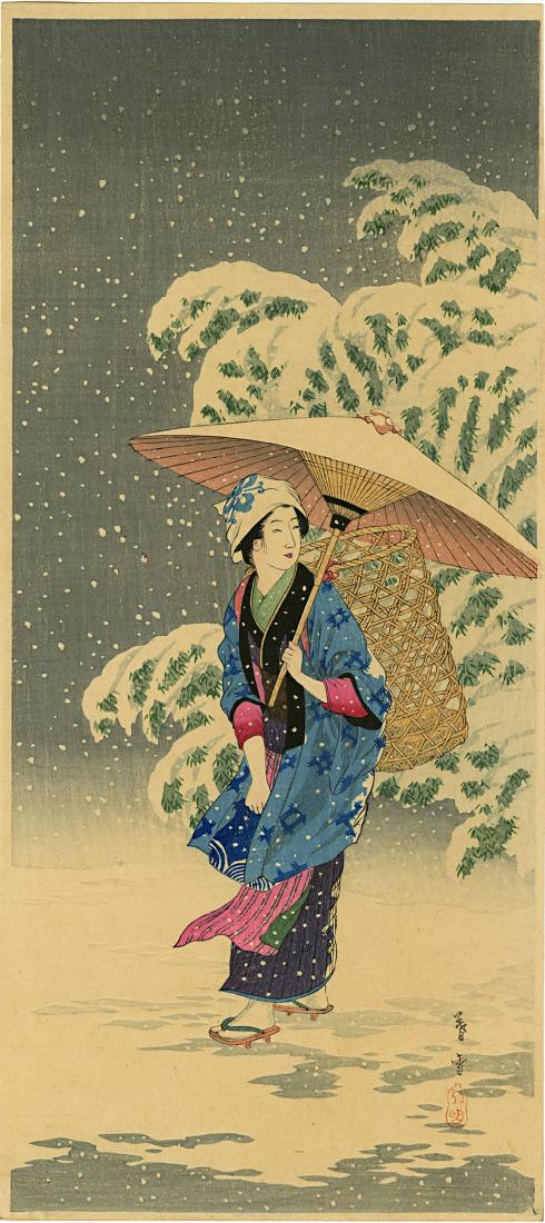 Shotei: Spring Snow 1936 Woodblock: Japanese Woodblock Print, 1936, published by Shozaburo Watanabe SIZE IN INCHES: ohosoban, 6.75 x 15 inches PROVENANCE: from the Robert O. Muller eatate TAKAHASHI SHOTEI (1871-1945) was born in Tokyo w