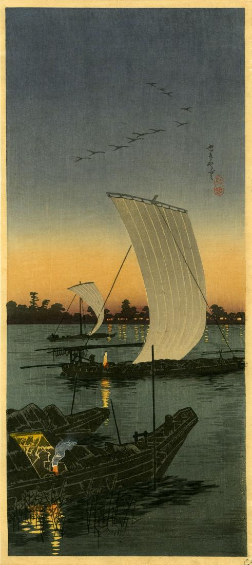 Shotei: Sekiyado 1932 Woodblock: Japanese Woodblock Print, 1932, published by Shozaburo Watanabe SIZE IN INCHES: ohosoban, 6.9 x 15 inches PROVENANCE: from the Robert O. Muller eatate TAKAHASHI SHOTEI (1871-1945) was born in Tokyo wi