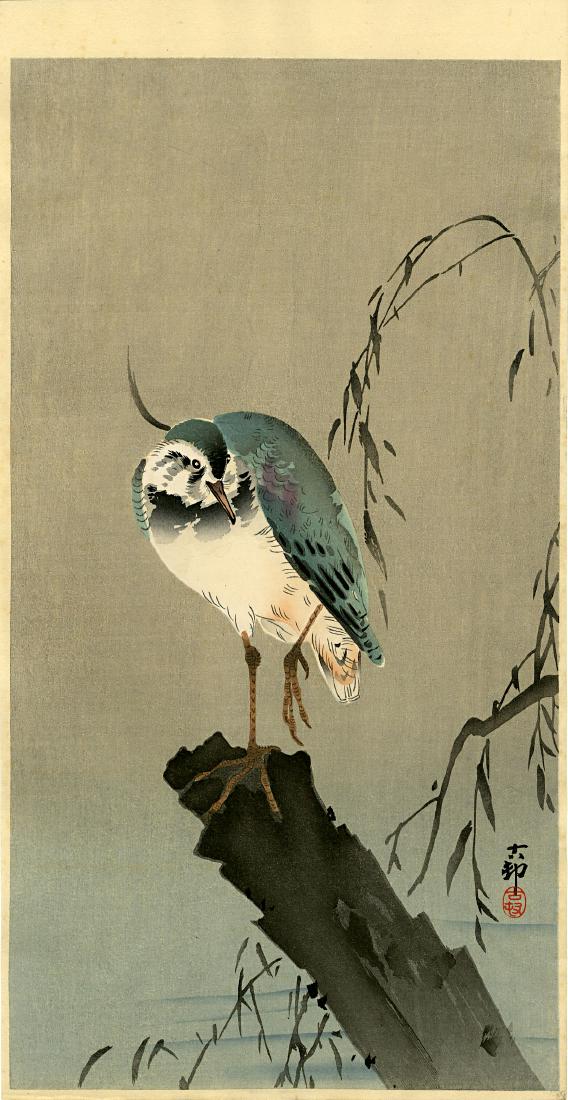 Koson Ohara: Lapwing on a Stump 1920s Woodblock: Japanese Woodblock Print, 1920s published by Daikokuya SIZE IN INCHES: ohosban 7.5 x 14.5 inches PROVENACE: from the estate of Robert O. Muller OHARA KOSON (1877-1945), who also went by the art names 