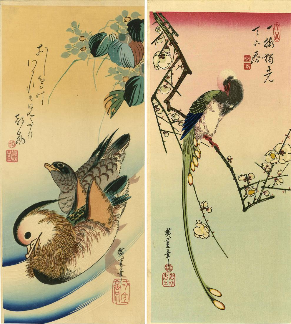 Hiroshige Ando: 2 Kache-o Woodblocks: Two (2) Japanese Woodblock Prints: Mandarin Ducks and Water Plantain, and Long-tailed Bird on a Flowering Plum Branch, both 1930s published by Nishinomiya SIZE IN INCHES: both ohosoban, approx. 7 x 15