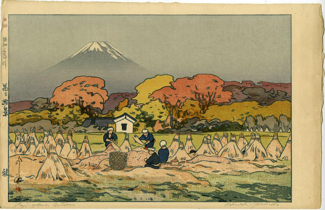 Hiroshi Yoshida: Fujiyama Autumn 1928 Woodblock: Japanese Woodblock Print, 1928, first edition with jizuri seal in left margin, self published by Hiroshi Yoshida, pencil signed by Yoshida lower margin SIZE IN INCHES: oban, 16.75 x 10.75 inches HIROS