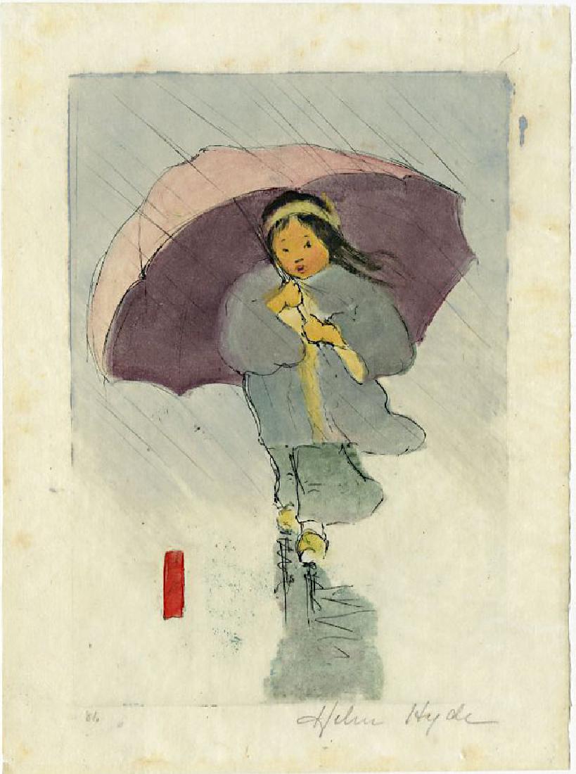 Helen Hyde: Girl with Umbrella 1st Ed. 1910s Woodblock: Japanese Style Woodblock Print, 1910s, numbered (81) first edition, with pencil signature SIZE IN INCHES: chuban, 6.5 x 9 inches HELEN HYDE (1868–1919) was an American etcher and printmaker. Born in