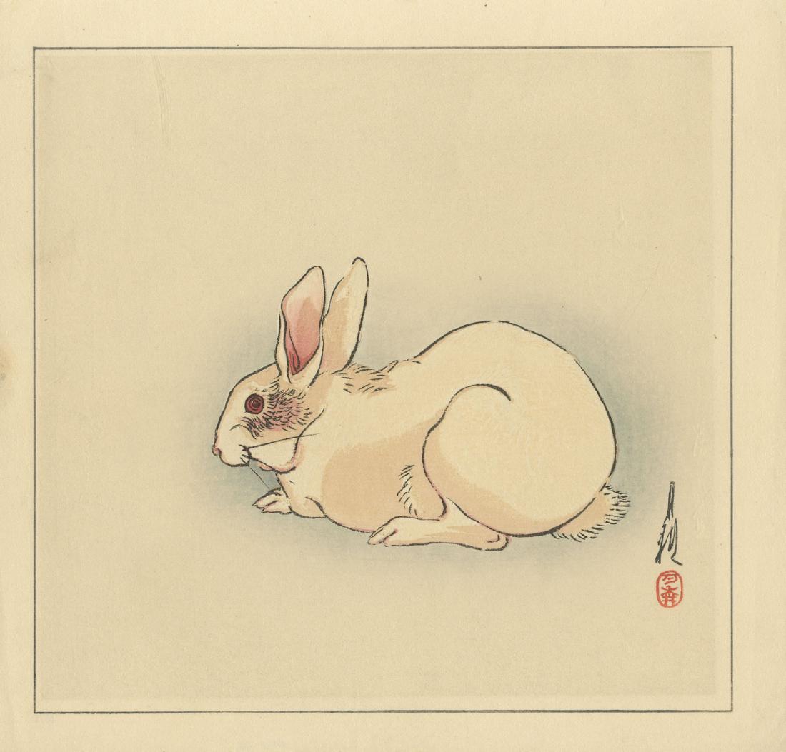 Gekko Ogata: Rabbit 1930 Woodblock: Japanese Woodblock Print, 1930 published by Nishinomiya/Hasegawa SIZE IN INCHES: shikishi, approx. 10 x 9.5 inches PROVENANCE: from the Robert O. Muller eatate OGATA GEKKO (1859-1920 ) was a Japanese-