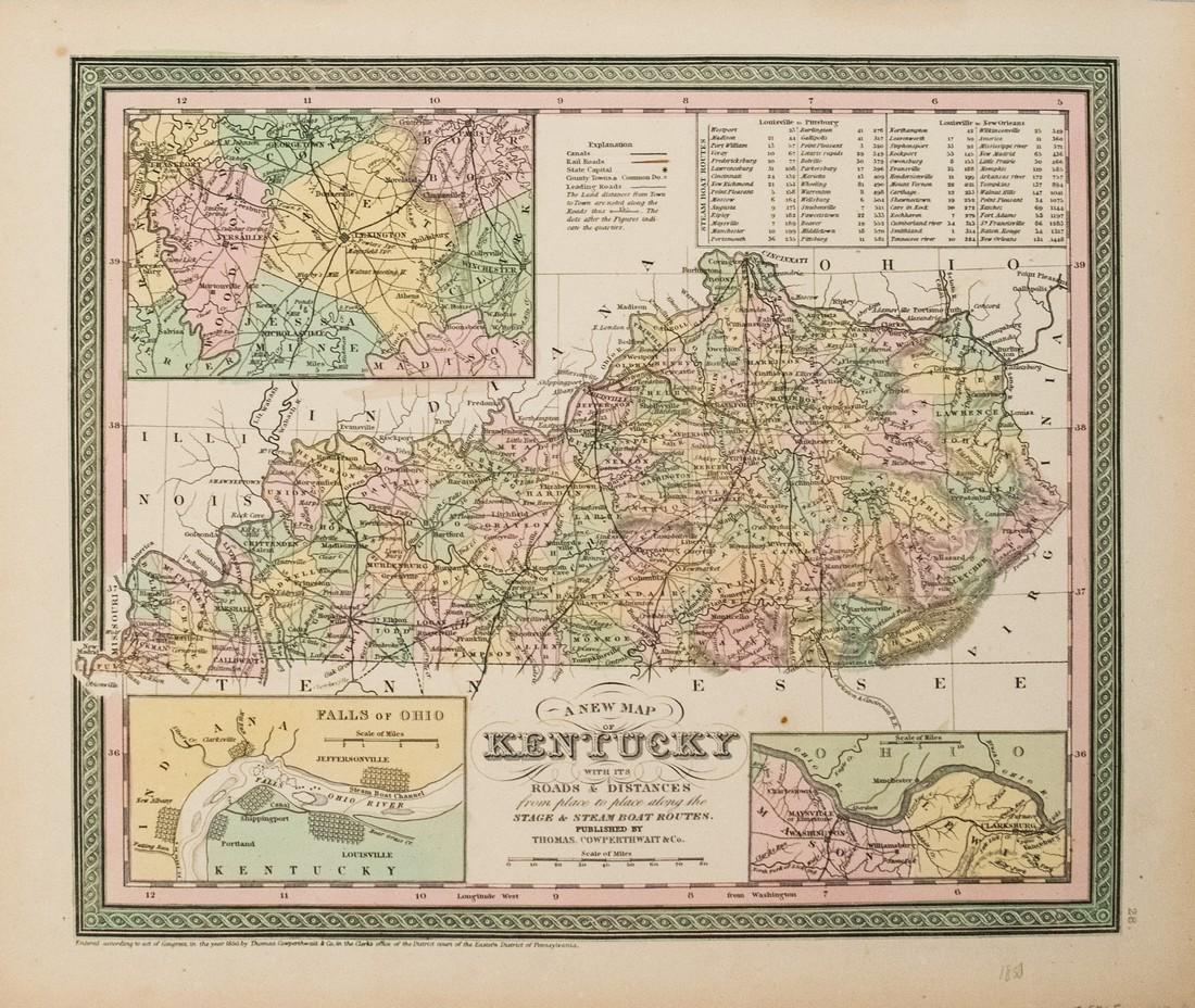 1850 Mitchell Map of Kentucky -- A New Map of Kentucky: Title/Content of Map: 1850 Mitchell Map of Kentucky -- A New Map of Kentucky with its Distances from Place to Place along the Stage & Steam Boat Routes Date: 1850, Philadelphia Cartographer: Thomas, C