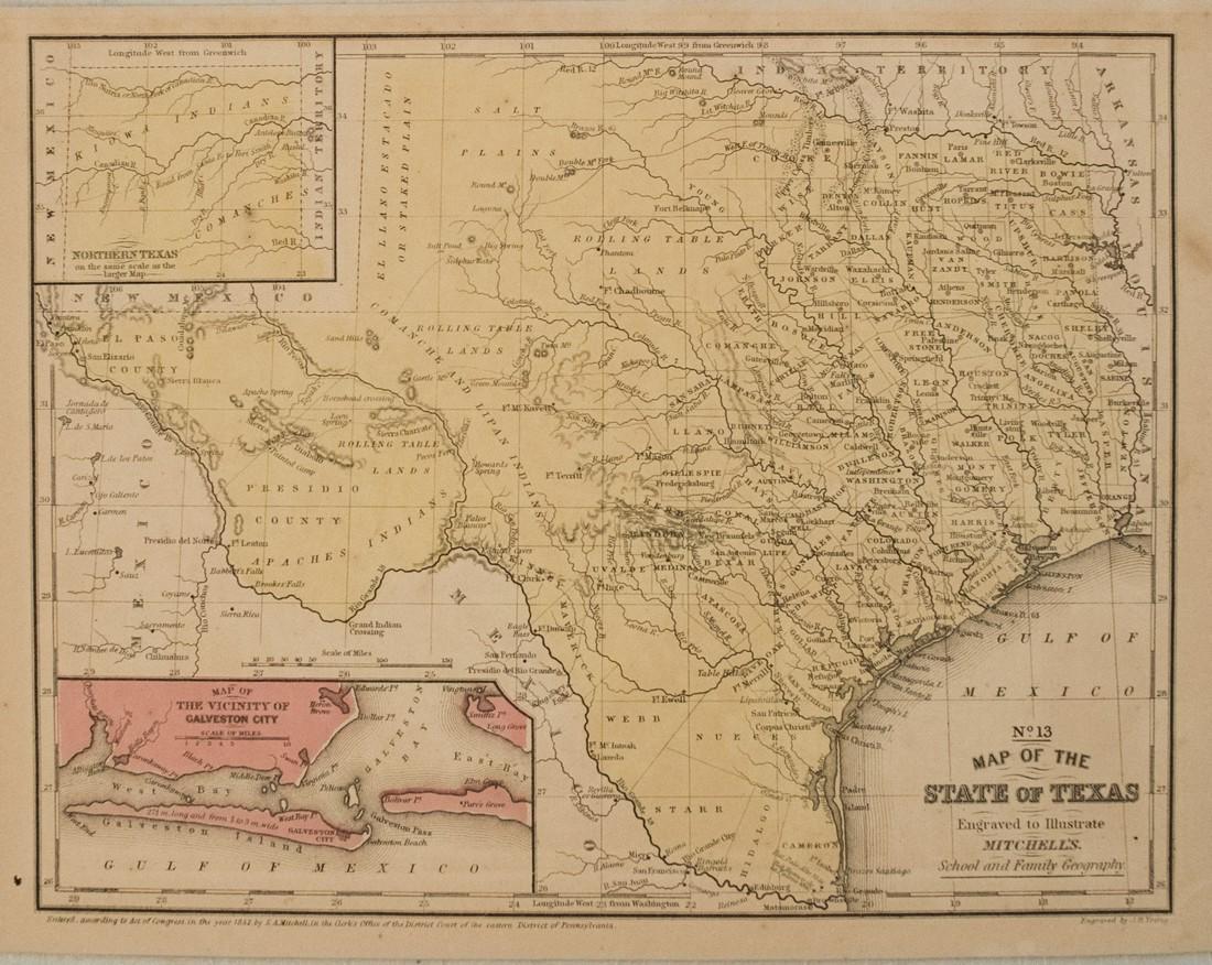 1852 Mitchell Map of Texas -- No. 13 Map of the State: Title/Content of Map: 1852 Mitchell Map of Texas -- No. 13 Map of the State of Texas Date: 1852, Philadelphia Cartographer: S Mitchell Size: 8.2 X 10.6 in. This is a very nice Texas map with instets o