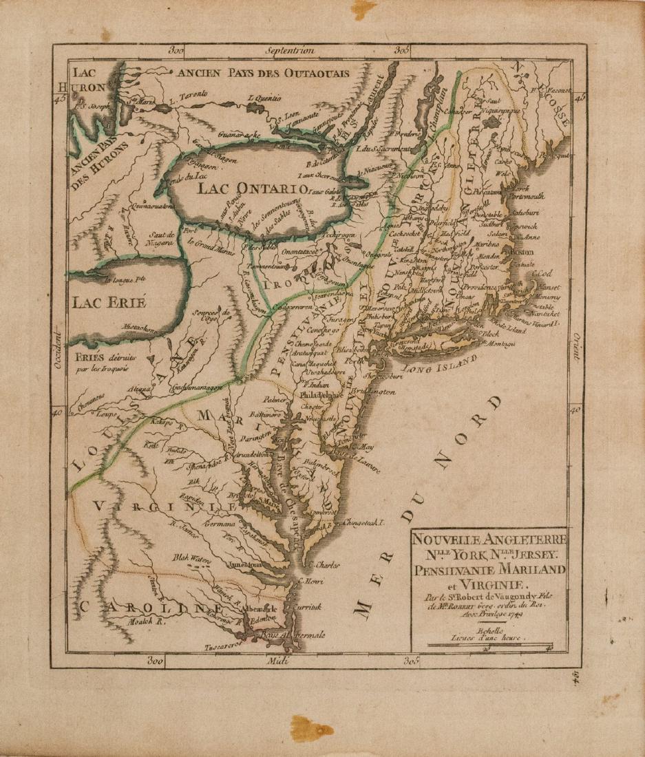1749 Robert de Vaugondy Map of Virginia, Northeast US: Title/Content of Map: 1749 Robert de Vaugondy Map of Virginia, Northeast US and Lake Ontario -- Nouvelle Angleterre Nlle. York Nlle. Jersey Pensilvanie Mariland et Virginie Date: 1749, Paris Cartograp