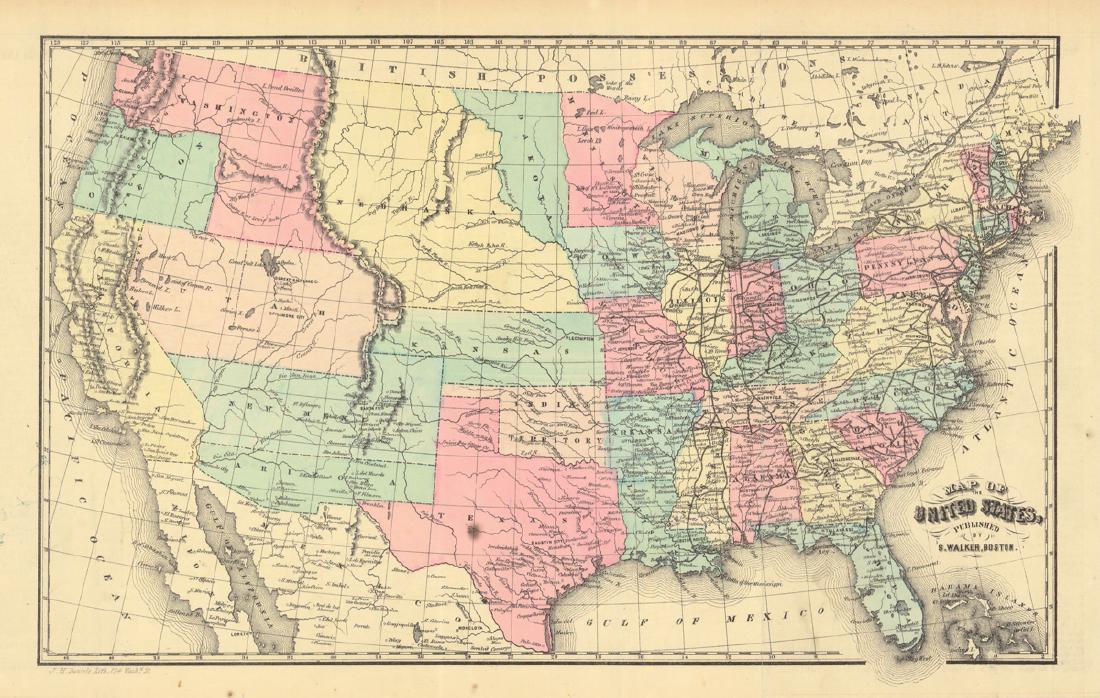 Map of the United States: Title: Map of the United States Publication Date: 1861 Cartographer: DANIELS, J. H. Publisher: S. WALKER Size: 9.25 Height - 15.5 Width "published by S. Walker, Boston" From Walker's edition of Malte-
