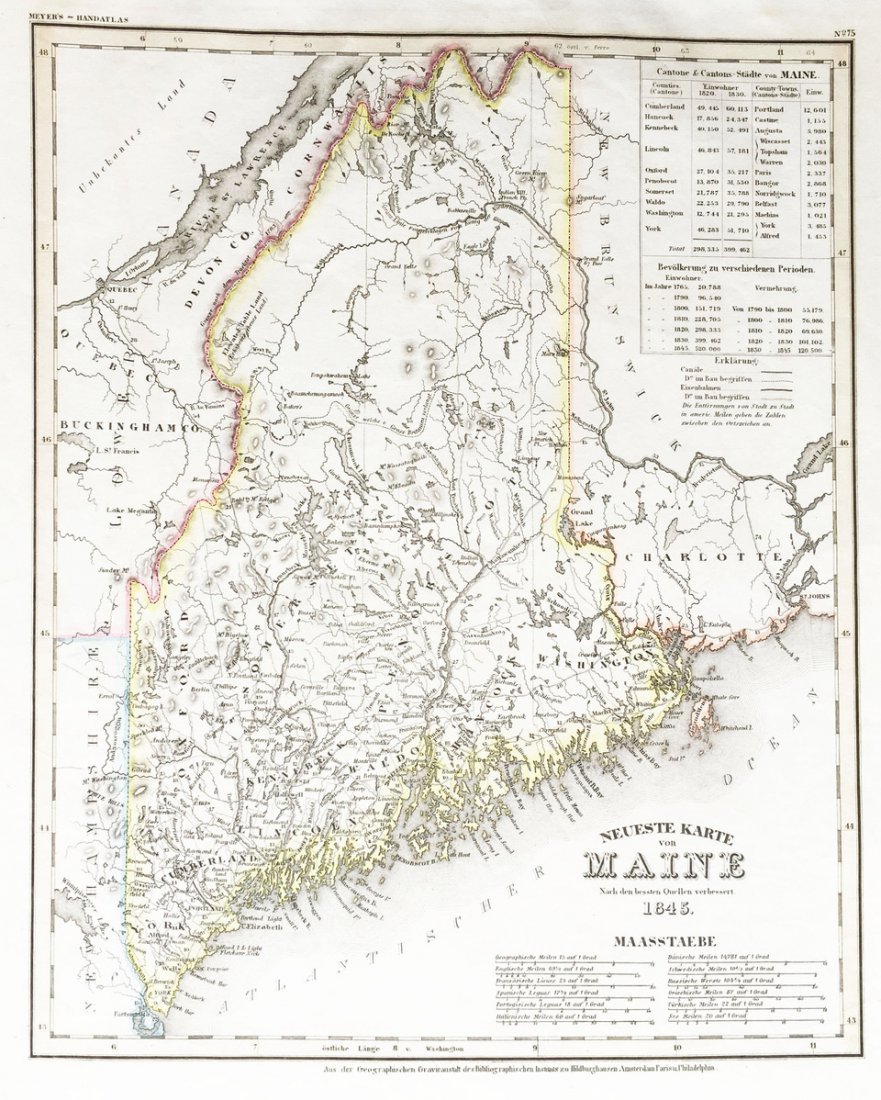 Meyer: Maine in 1845: Map Title: Neueste Karte von Maine Cartographer: Bibliographischen Instituts. Place / Date: Hildburghausen / 1845 Size: 11 3/4" x 14 5/8" Condition: original outline color; light overall age toning, a