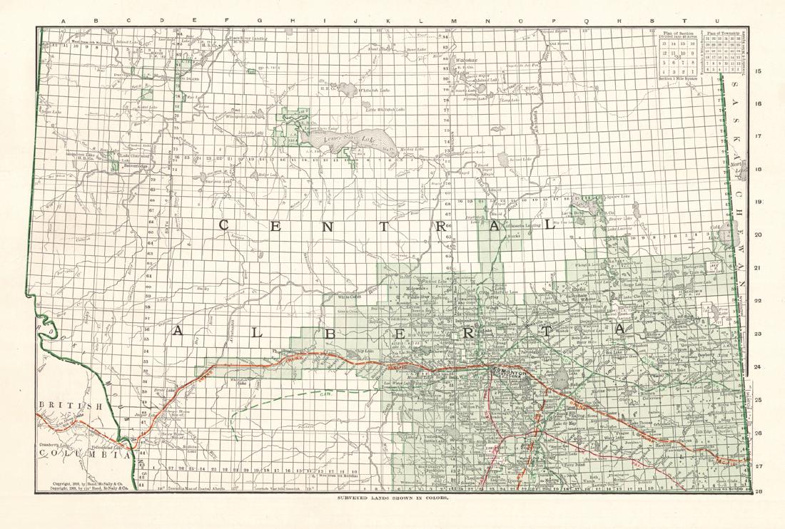 Township Map of Central Alberta: Title: Township Map of Central Alberta Publication Date: 1910 Cartographer: RAND, MCNALLY & CO. Publisher: RAND, MCNALLY & CO. Size: 9.9 Height - 15.25 Width Page 353 from the forty-first edition of R