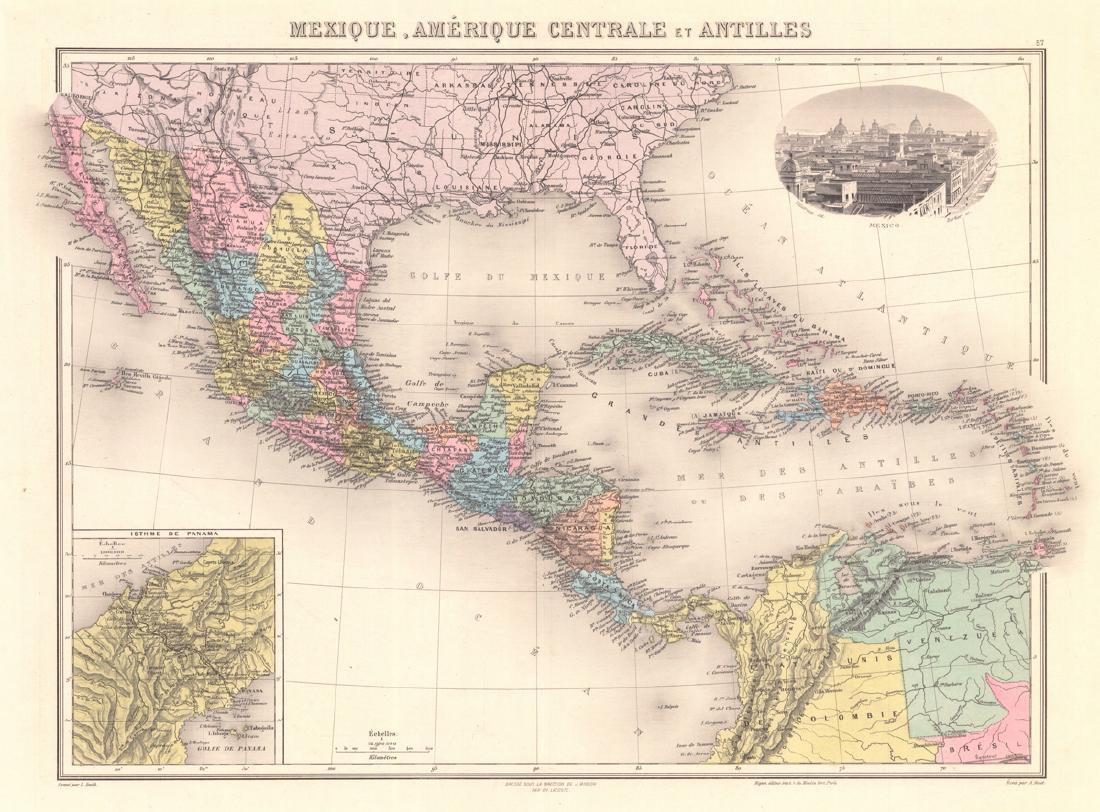 Mexique, Amerique Centrale Et Antilles: Title: Mexique, Amerique Centrale Et Antilles Publication Date: 1880 Cartographer: LACOSTE, CH. Publisher: J. MIGEON Size: 12.1 Height - 17 Width Attractive map with steel engraved view of Mexico City
