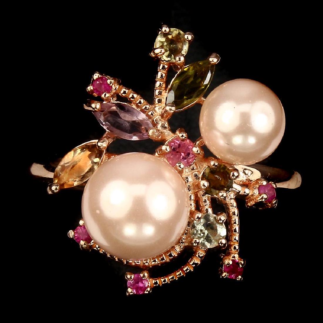 Natural Freshwater Cultured Pink Pearl, Sapphire, Ruby,: Reserve Reduced! Title: Natural Freshwater Cultured Pink Pearl, Sapphire, Ruby, Tourmaline, & Tanzanite Ring Metal Purity: 14kt yellow gold over sterling silver Gemstones: Freshwater Cultured Pink Pea