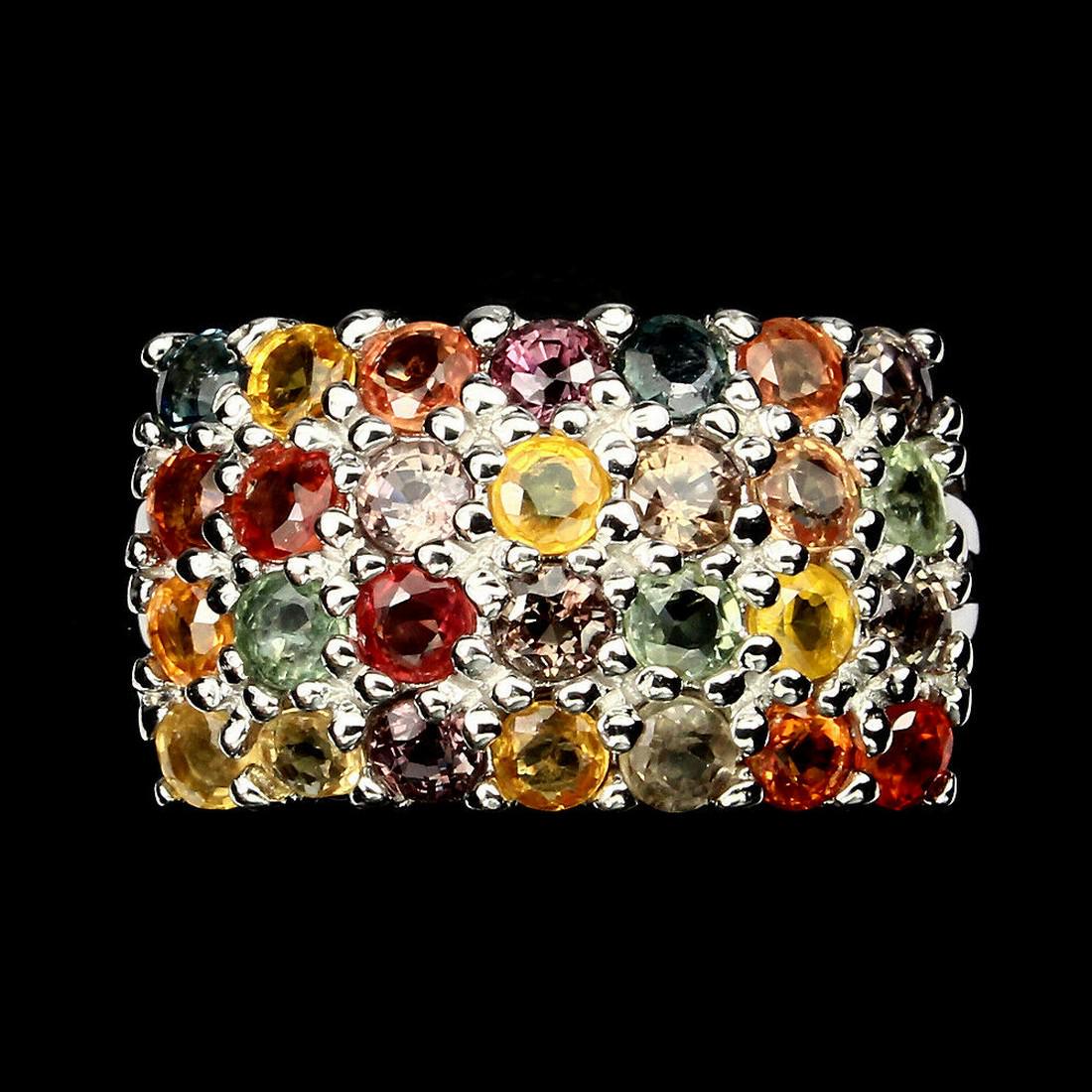 Natural Multi-Colored Sapphire Ring: Reserve Reduced! Title: Natural Multi-Colored Sapphire Ring Metal Purity: Sterling Silver Gemstones: Sapphires Carat Weights: 34.66* Size/Dimensions: 8 Additional Information: *Carat weight includes g