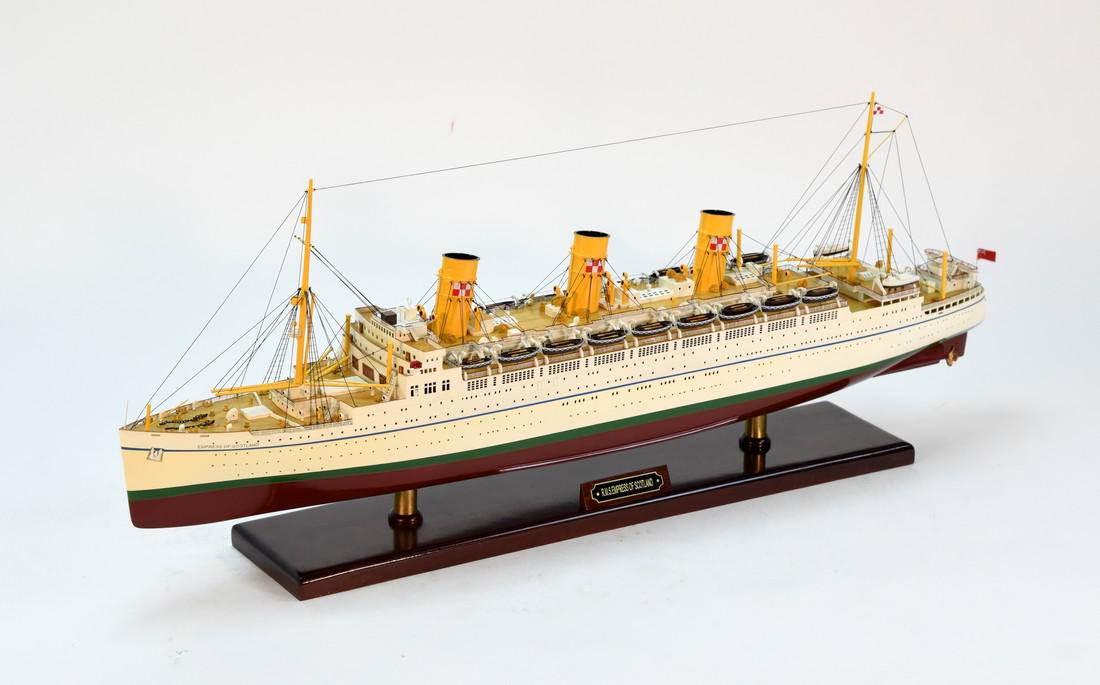 RMS Empress of Scotland: Dimension approx.: 33 L x 5.5W x 13 H Scale 1:250; Top quality model with highest details, ready to display; Handcrafted from scratch using finest woods & metal fittings Reserve: $375.00 Shipping: Dom