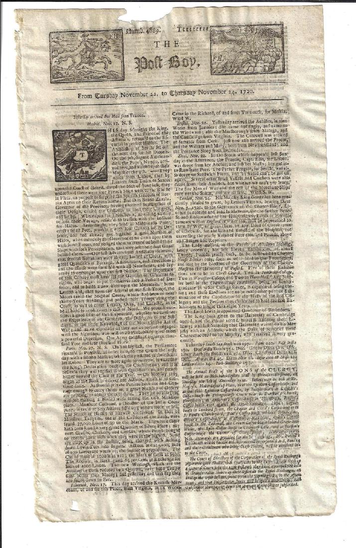 1720 Newspaper The Post Boy Nice Masthead (1 of 2)