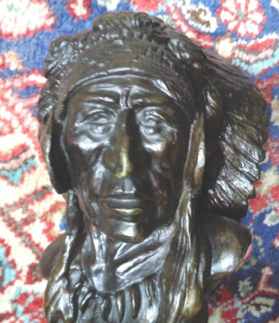 massive old bronze bust Medicine Crow American Indian: Reserve Reduced! Important massive bronze bust of American Indian chief. Very heavy solid bronze casting signed Earl Heikka. Original casting by the artist. Hand punched numbering 14/35. Measures 10 3
