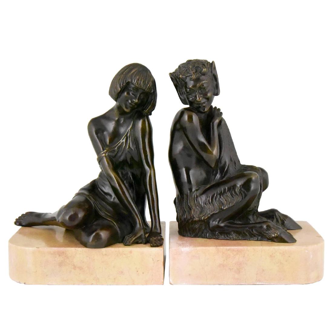 P. Le Faguays Art Deco bronze bookends lady & satyr