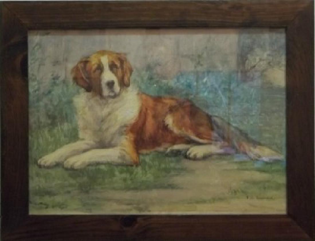 "The Faithful Companion" American, early 20th C: Titled "The Faithful Companion" is a watercolor on paper/board of a St. Bernard lying in the grass. Note his coat of soft browns & white. Signed "F.B. Townsend.; Frances B. Townsend (American, (1863-1