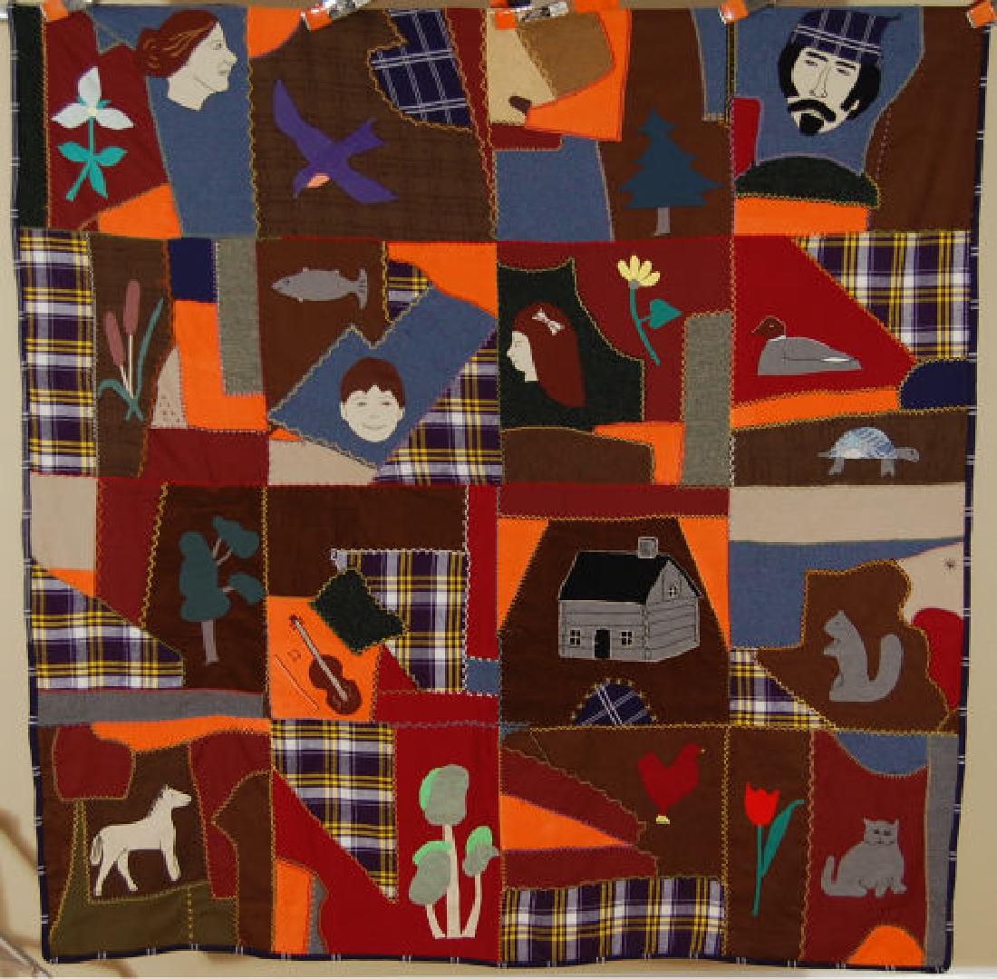 VIBRANT Vintage Folk Art Wool Crazy Quilt: VIBRANT Vintage Folk Art Wool Crazy Quilt ~People, Animals, Log Cabin, & Fiddle! This wonderful wool crazy quilt is machine pieced, hand appliqued, and hand quilted, with hand embroidered accents. The