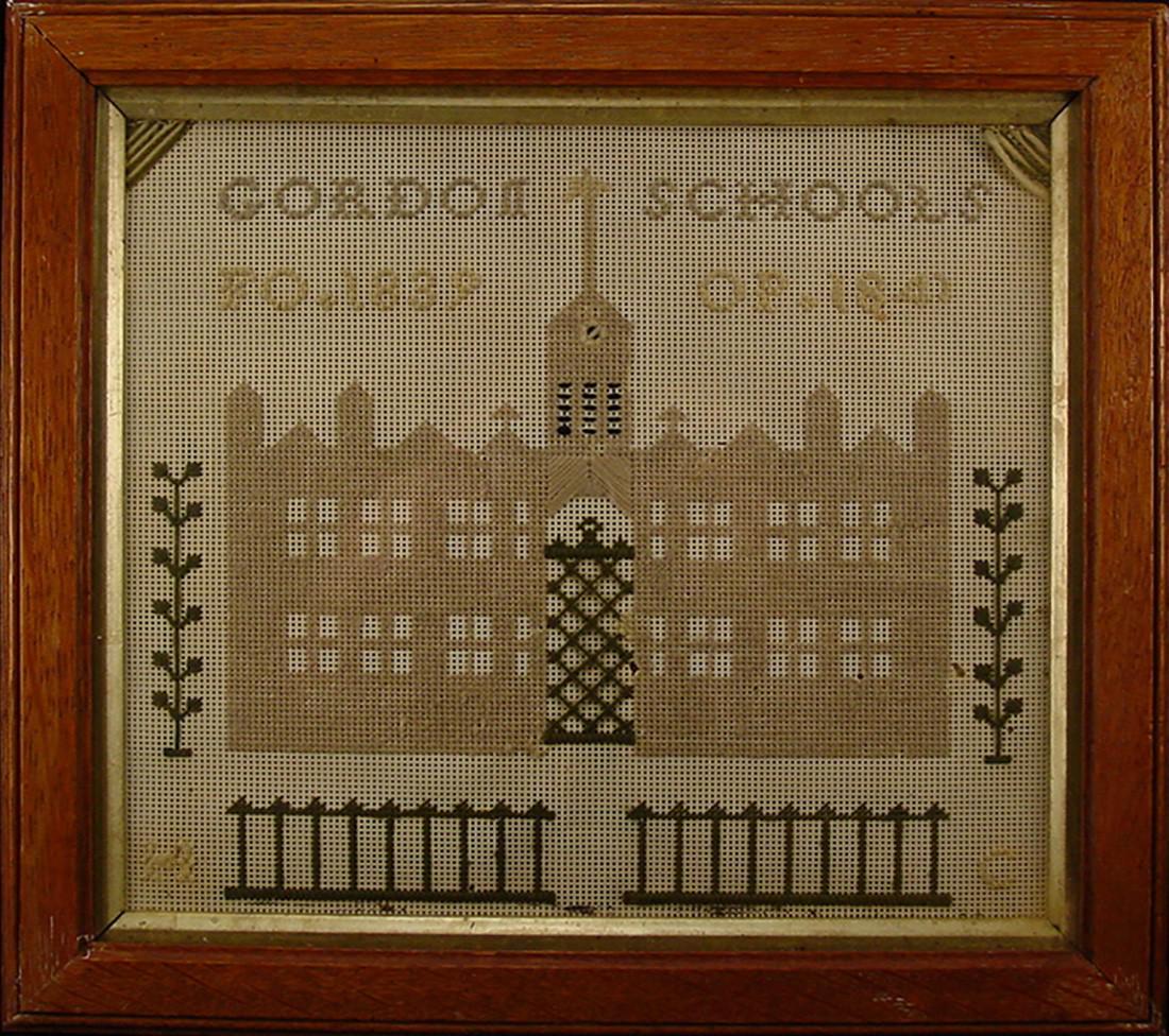 Gordon Schools: Title: Gordon Schools Dimensions: 11 1/4" H x 12 3/4" W Provenance: Gordon Schools Sampler 1839 ~ 1842; Shipping: Domestic: Flat-rate of $30.00 to anywhere within the contiguous U.S. International: Fo