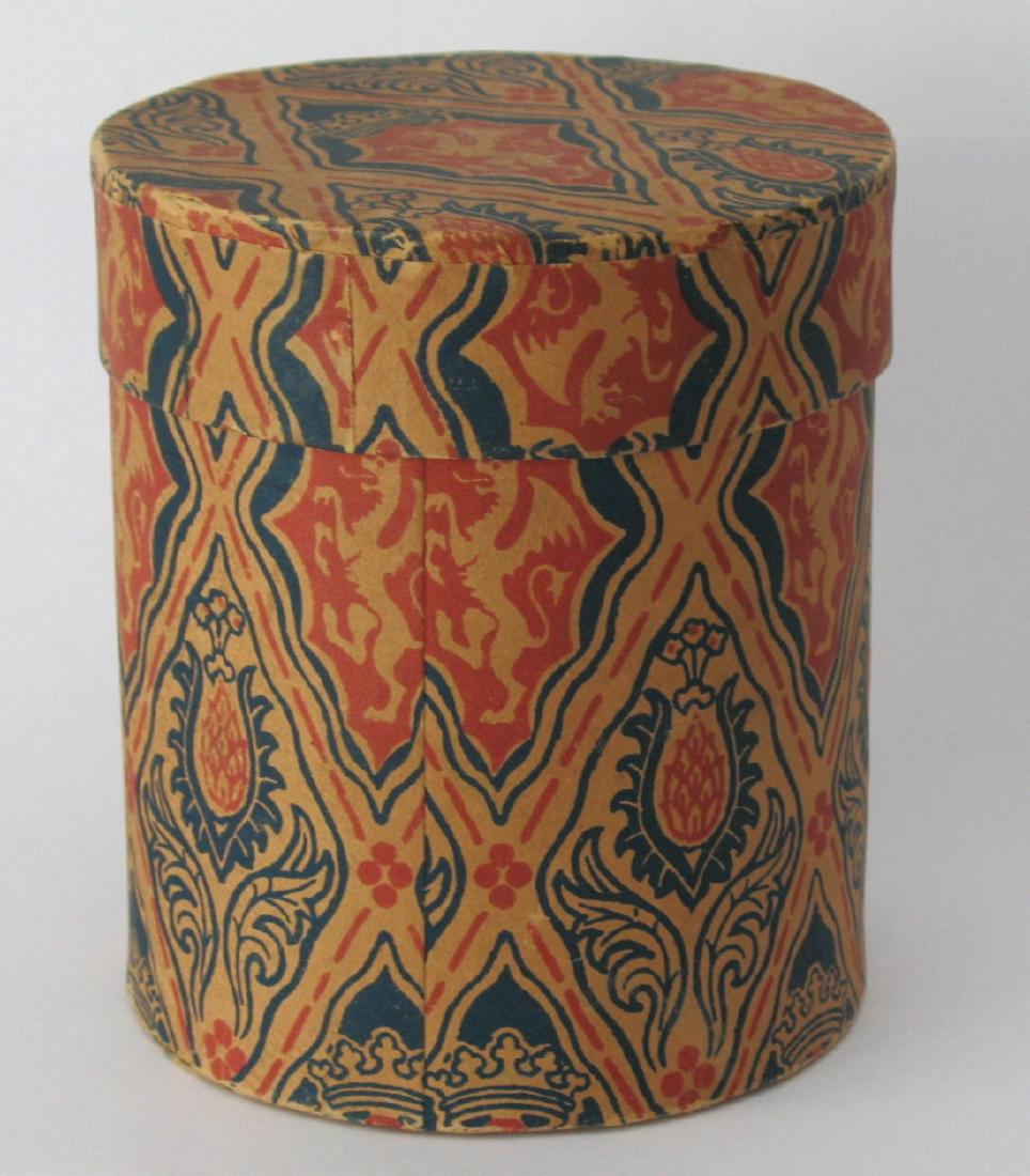 Wall Paper Covered Box: Title: Wall paper covered box. Date: 1930's Dimensions: 4” tall x 3 1/2” dia. Additional Information: Nice round New England wall paper covered box. Shipping: Domestic: Flat-rate of $20.00 to anyw