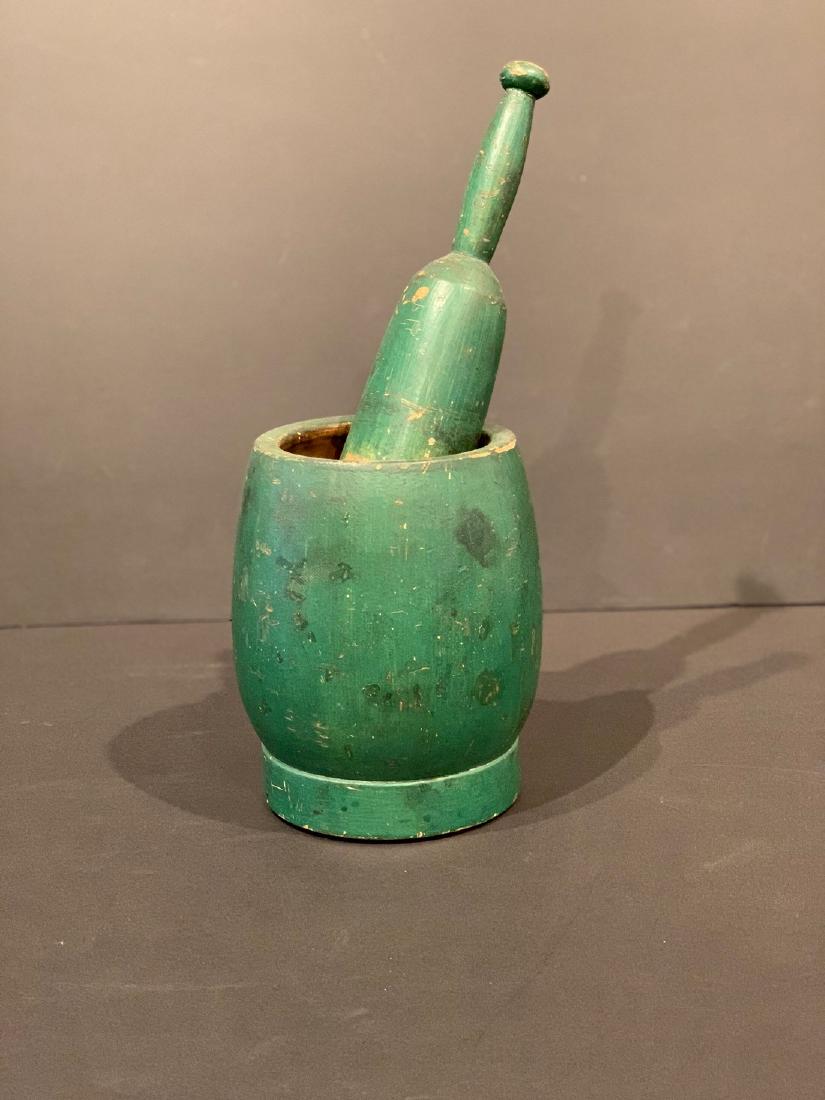 Mortar & Pestle, 19th Century: Title: Mortar & pestle, 19th century Date: 19th century Dimensions: 12 1/2 h x 5 w Provenance/Additional Info: In original green, excellent form & surface. Shipping: Domestic: Flat-rate of $40.00 to a