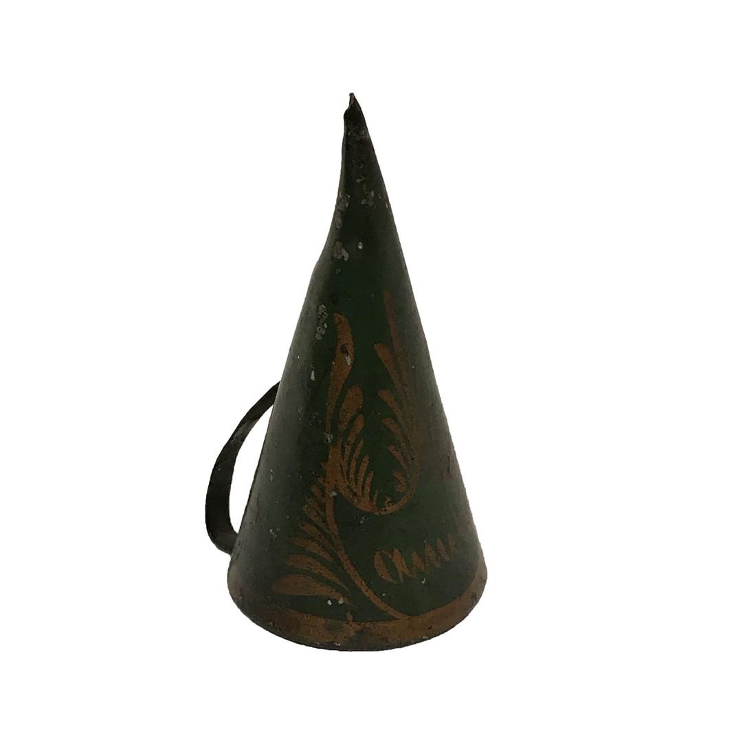 Cone Candle Douter: Title: Cone Candle Douter Date/Period: C 1820 Dimension: 2 ¾” high Provenance:Hand painted tin scarce color green handled douter. The cone painting details “AMITIE”. Shipping: Domestic: Free sh