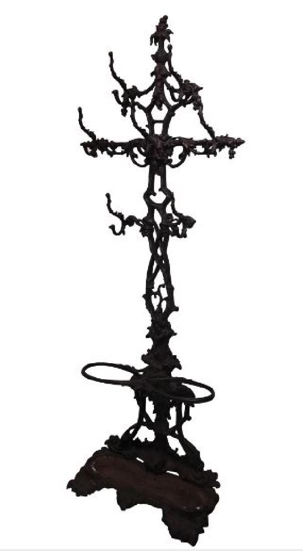 19th c Victorian Cast Iron Hall Tree or Coat / Hat Rack: Title: 19th c Victorian Cast Iron Hall Tree or Coat / Hat Rack in Original Black Color Dimension: 80 1/2” h x 26 1/2” w x 14” d. Provenance:A fine example of a 19th century Victorian foliate and