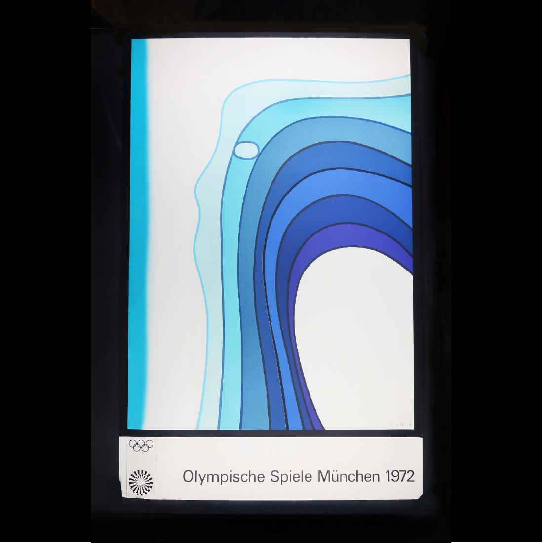Jan Lenica Olympics Munich 1972 poster: Serigraph by the Polish graphic designer and cartoonist Jan Lenica to commemorate the 1972 Olympics in Munich, Germany. Signed by the artist in the plate.; Approximately 25” x 40”. Ships rolled in