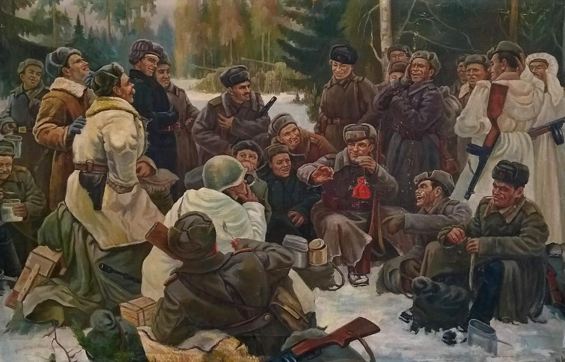 Big Painting Soviet period "After the battle" - 1960s: Unknown arist - Russian School This painting was painted in the style of the picturesque current of that time - "Socialist Realism" The painting depicts Soviet soldiers during the Second World War, wh