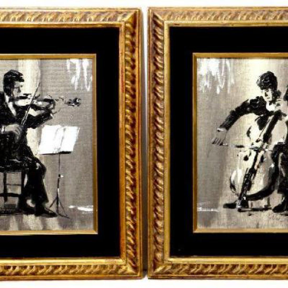 2 Original Oil Paintings on Canvas with Musicians: Title: 2 Original Oil Paintings on Canvas with Musicians Signed by Artist Additional Information: 2 Vintage Oil Paintings on Canvas signed by artist featuring Violin and Bass players, framed into gold