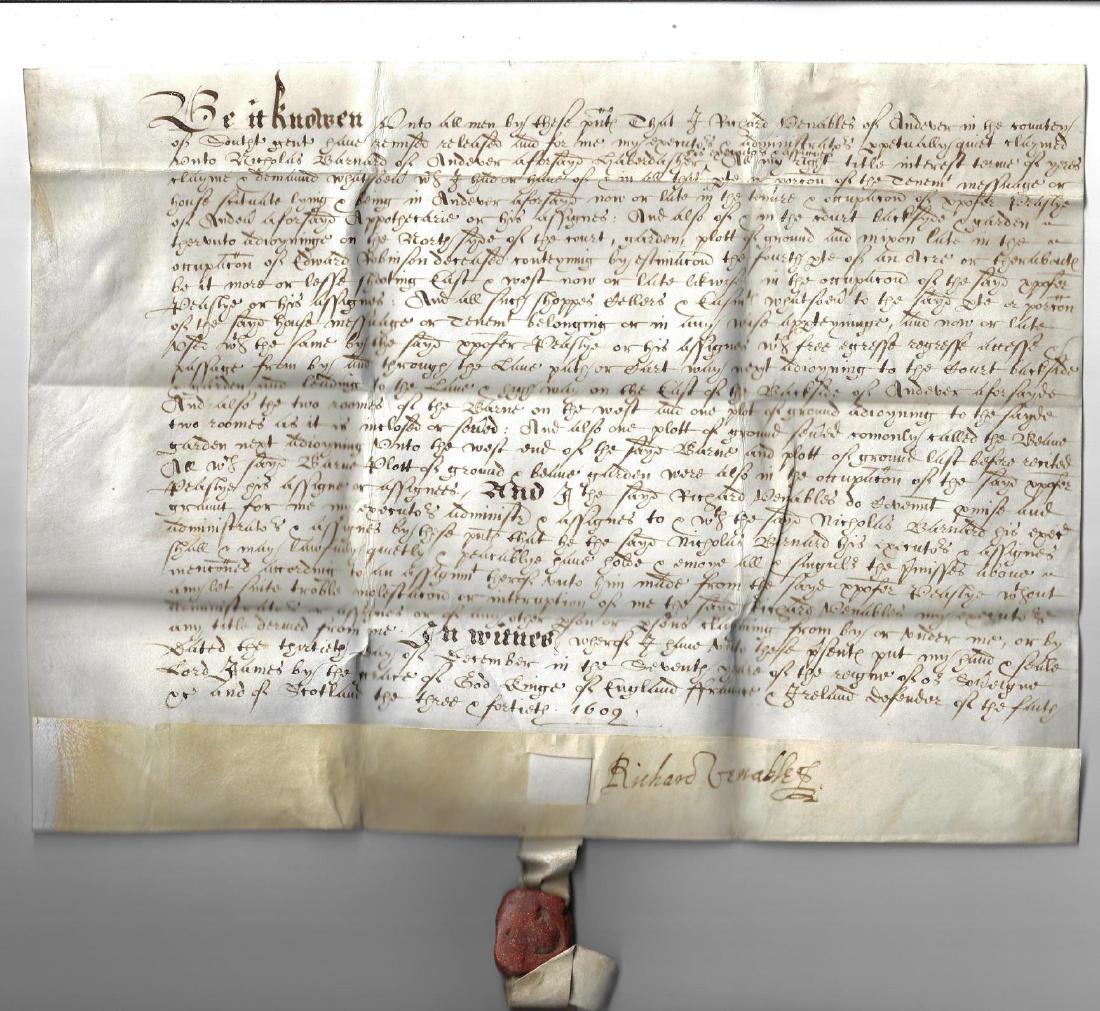 1609 English Vellum Deed w/ Red Wax Seal (1 of 2)