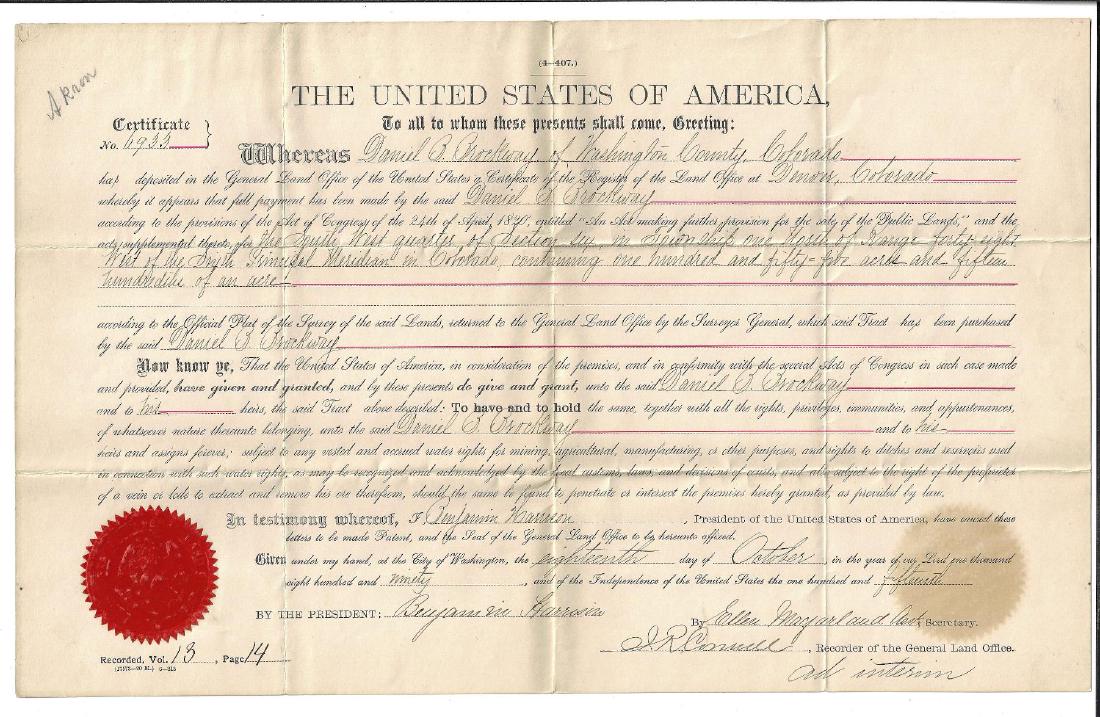 1890 Presidential Land Grant Colorado (1 of 1)