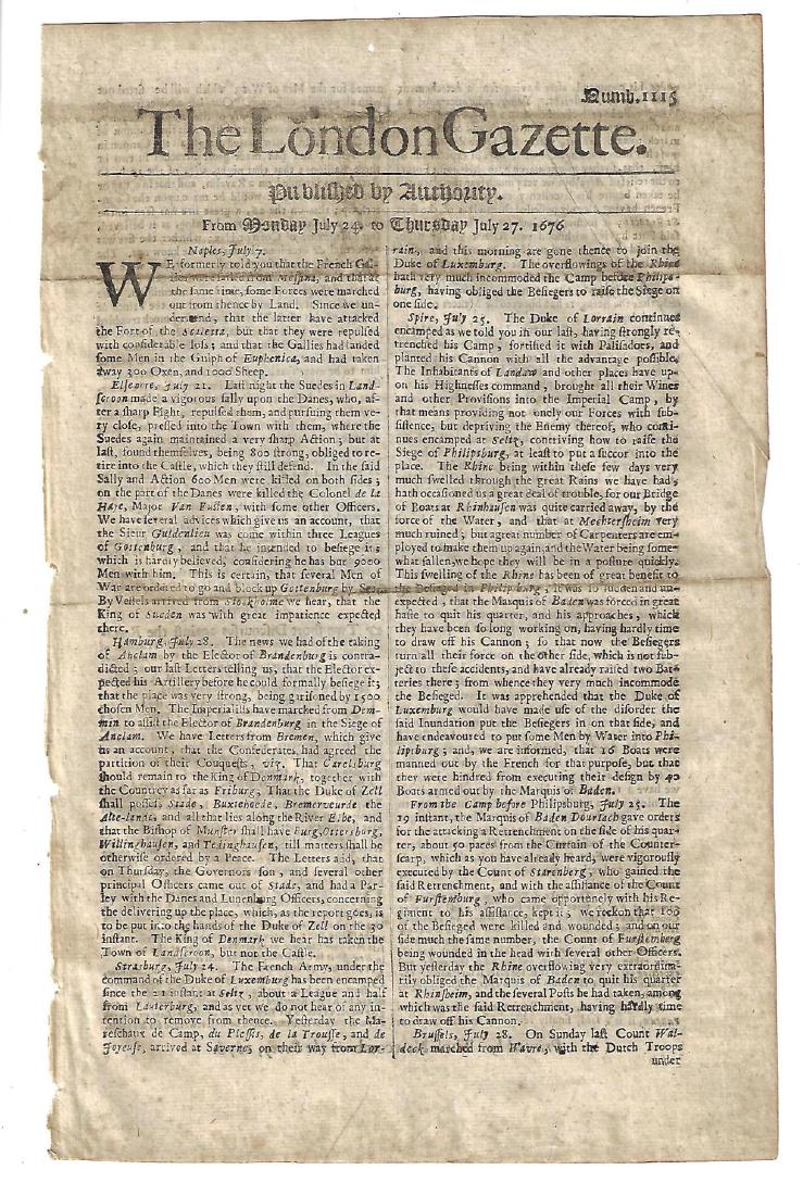 1676 London Gazette War in Europe: The June 24-27, 1676 issue of The London Gazette, two pages complete, printed by Thomas Newcomb. This issue filled with continental military news from around Europe. Ads as well including a runaway. F