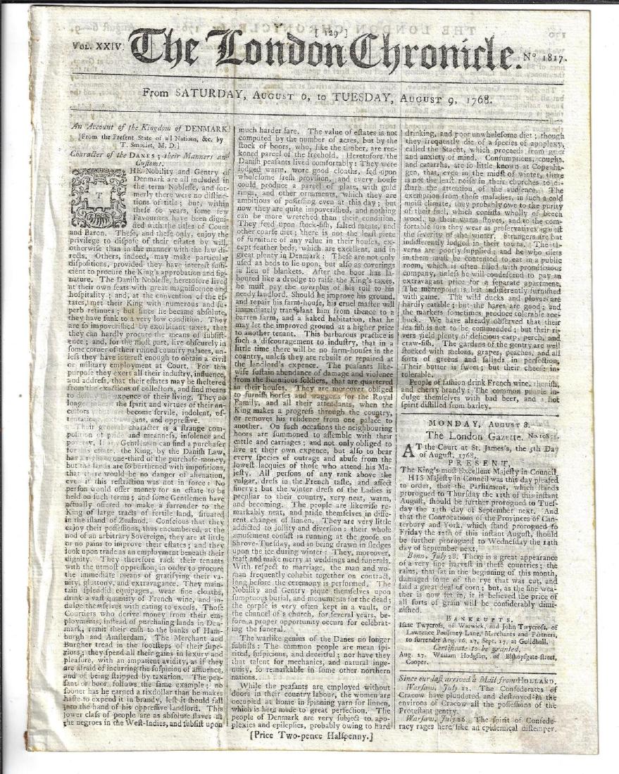 1768 London Chronicle Virginia Amherst: The August 6-9, 1768 issue of The London Chronicle, four pages complete. Interesting content including article from Virginia on the government there and extolling the virtues of Sir Jeffery Amherst. M