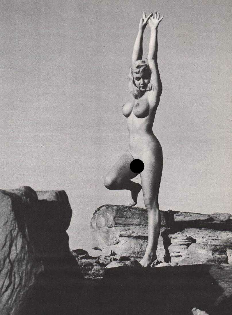 ANDRE DE DIENES - Nude with rock 1: Artist: ANDRE DE DIENES Print Title: Nude with rock 1 Medium: photoengraving Printed 1966 in the USA Image size (inches) approx. 11 x 8.5” Andre De Dienes Dienes was a professional photographer, emp