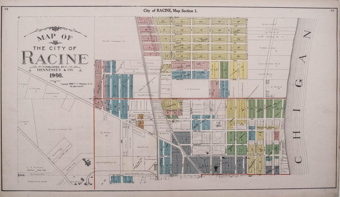 1908 Hennessey 4 Large Maps of Racine WI - Map of the (1 of 4)