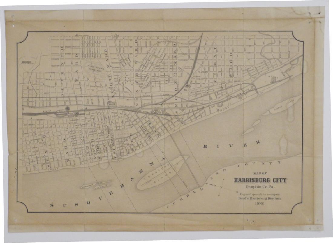 Map of Harrisburg City: Title: Map of Harrisburg City Publication Date: 1880 Cartographer: WADE & CO. Publisher: BOYD'S HARRISBURG DIRECTORY Size: 9.6 X 15 "Dauphin Co. Pa. Engraved especially to accompany Boyd's Harrisburg 