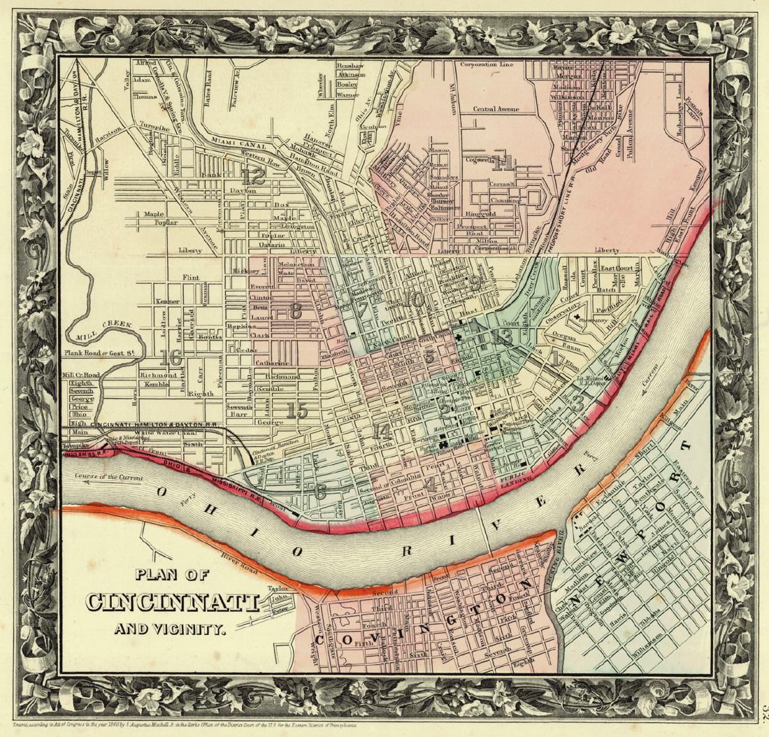 Plan of Cincinnati and Vicinity.: Title: Plan of Cincinnati and Vicinity. Publication Date: 1861 Cartographer: MITCHELL, SAMUEL AUGUSTUS (JR.) Publisher: S. Augustus Mitchell, Jr. Size: 10.6 X 11 Map 32. Shows some buildings. Foral gr