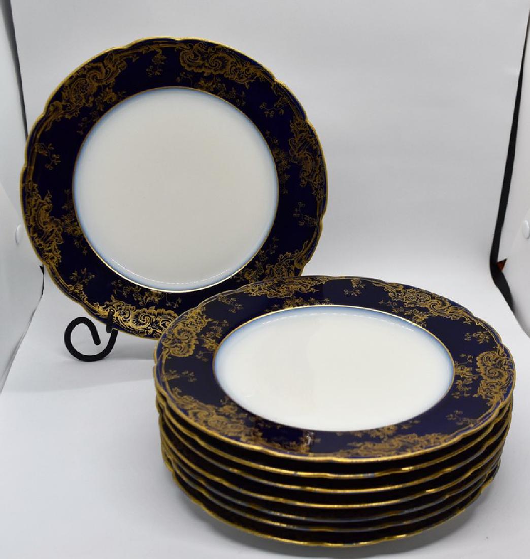 JP Limoges Porcelain Cobalt Blue Gold Gilded Set of 8: Title: JP Limoges Porcelain Cobalt Blue Gold Gilded Set of 8 Lunch Plates Antique Maker: Jean Pouyat Origin: France Date: ca 1890 Materials: Porcelain Size: 8.5" in diameter These set of 8 porcelain l