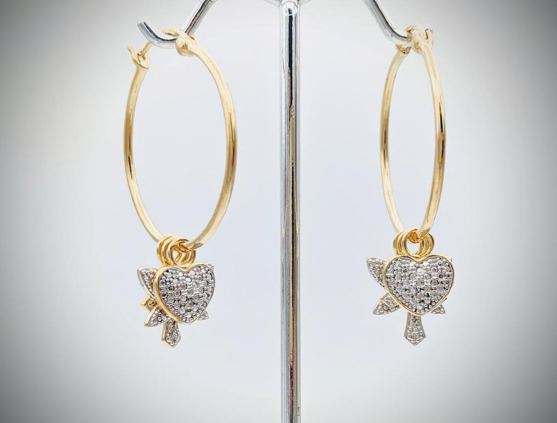 Hoop Earrings w Diamond Charms of Heart, Cross &: Title: Hoop Earrings w Diamond Charms of Heart, Cross & Butterfly Brand: Jean Lin Collection Metal Purity: Gold Plated 925 Sterling Silver Gemstones: Diamonds Carat Weights: Each Earring has 1 Hear Ch