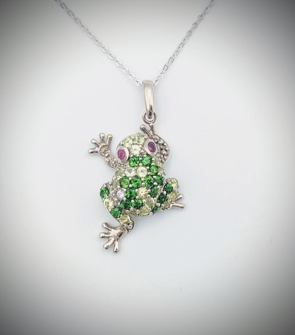 Necklace & Frog Pendant w Rubies, Tourmaline & Pale: Title: Necklace & Frog Pendant w Rubies, Tourmaline & Pale Green Amethyst Brand: Jean Lin Collection Metal Purity: 925 Sterling Silver Gemstones: Rubies, Tourmaline & Pale Green Amethyst Carat Weights