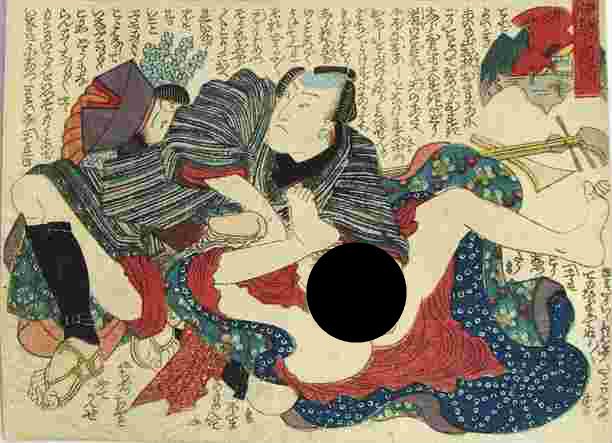 Utagawa school: shunga: Artitst: Utagawa school Subject: Shunga. Signature: None Date: c. 1850 Format: koban, 12.3 x 9.2 cm Condition: Fine impression and color, backed this print was mounted on a scroll and retains an archi