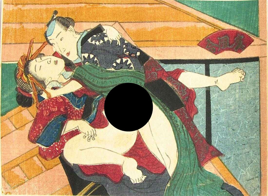 Utagawa school: shunga: Artitst: Utagawa school Subject: Shunga. Signature: None Date: c. 1850 Format: koban, 12.5 x 9.3 cm Condition: Fine impression and color with metallic pigments, backed this print was mounted on a scro