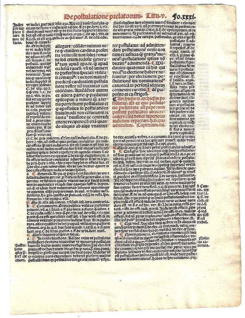 1516 Leaf Decretales of Pope Gregory IX Red and Black: A leaf from the “Decretales” of Pope Gregory IX, printed at Paris, 1516. In red and black, Fine condition, measuring 6.75 x 9”. Accompanied by color copy of the title leaf including the mark of