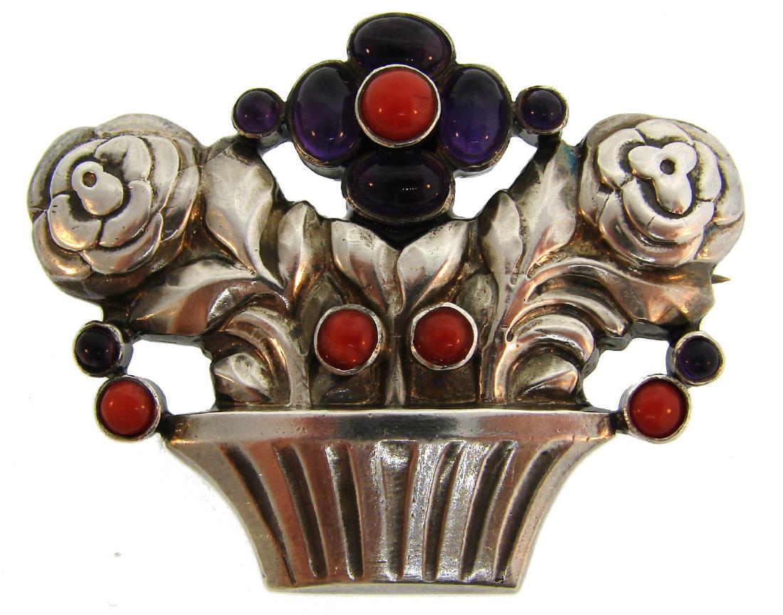 Georg Jensen Amethyst Coral Silver Pin BROOCH Clip No. (1 of 5)