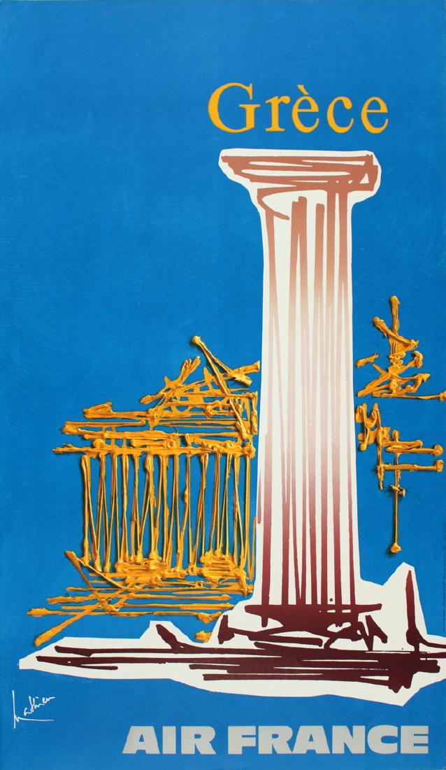 Georges Mathieu: Air France: Greece: "Air France: Greece" by Georges Mathieu, 1971 Unsigned Offset Lithograph. Paper size is 39 x 23.5 inches, with an image size of 39 x 23.5 inches. The Offset Lithograph is from an unknown edition size.