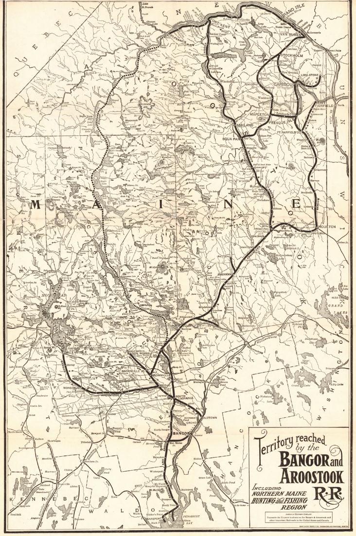 Territory Reached by the Bangor and Aroostook R.R.: Title: Territory Reached by the Bangor and Aroostook R.R. Publication Date: c1920 Cartographer: RAND AVERY SUPPLY CO. Publisher: AMERICAN EXPRESS COMPANY Size: 22Height - 14.5Width including northern 
