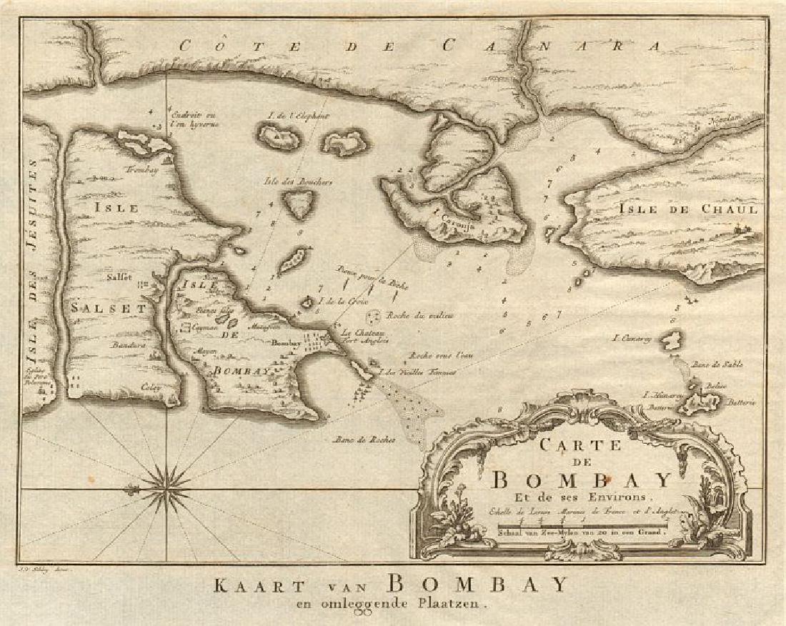Carte de Bombay et de ses environs'. Mumbai, India.: TITLE/CONTENT OF MAP: 'Carte de Bombay et de ses environs [Map of Mumbai and its environs]' This map is folding hence the centrefold line may show on the image below DATE PRINTED: 1755 IMAGE SIZE: App